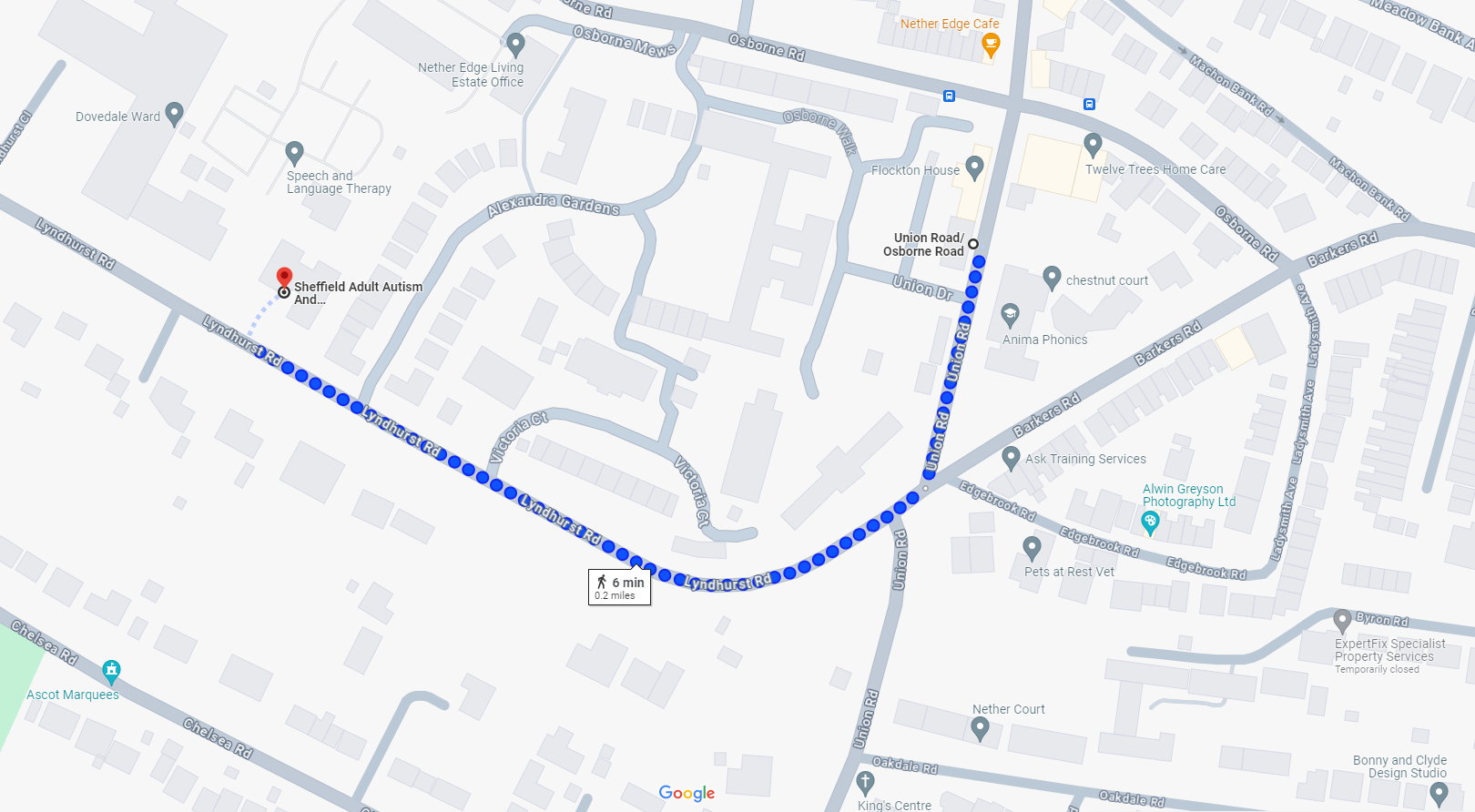 A screenshot from Google Maps showing how to walk from Union Road to SAANS