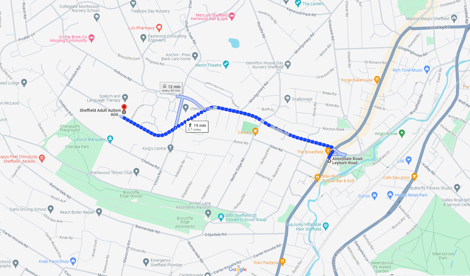 Screenshot from Google Maps showing how to walk to SAANs from the Abbeydale road